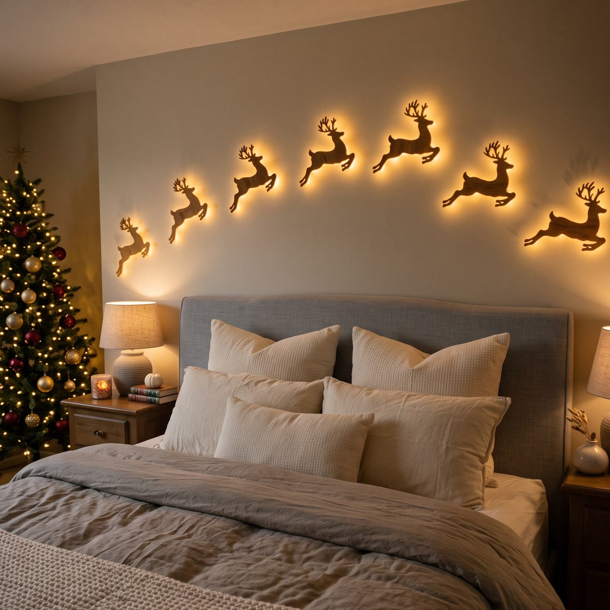 Siete renos de madera iluminados sobre la pared de un dormitorio en Navidad